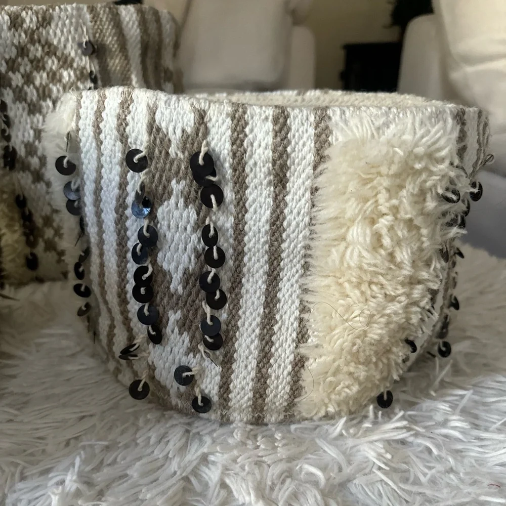 RH TEEN Moroccan Embellished Storage Basket Set Natural Size: 1 Med 2 Small